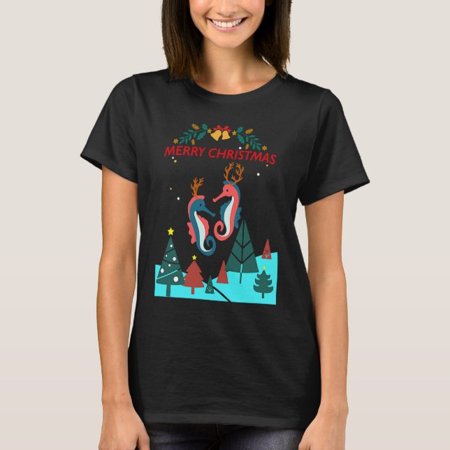 Camiseta Christmas Seahorse Reindeer With Holiday Decorativ (Frente)