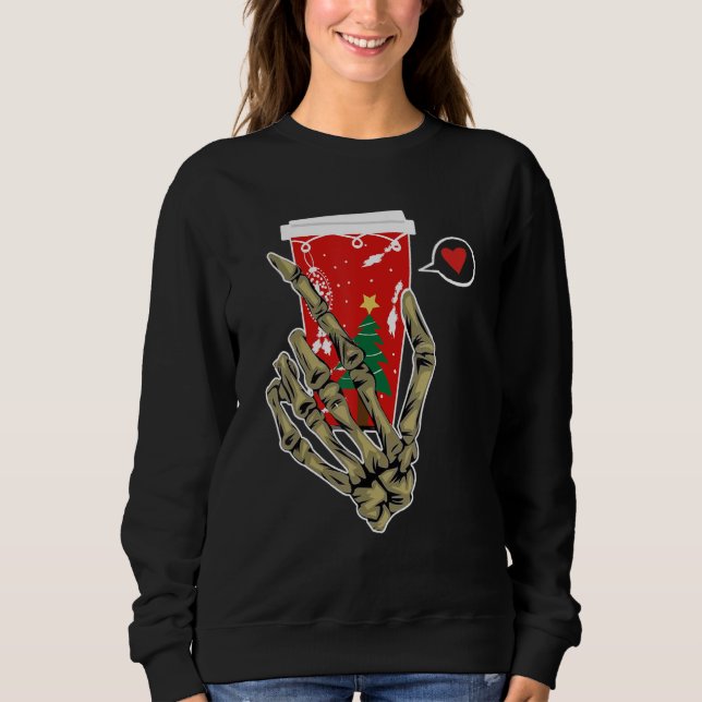 Camiseta Christmas Skeleton Hand Drinking Coffee Latte Paja (Frente)