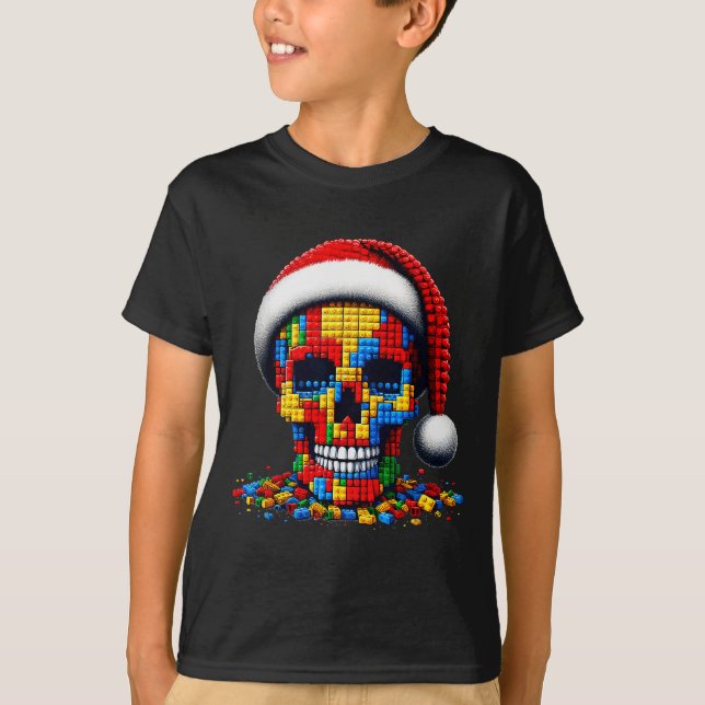 Camiseta Christmas Skull Santa Hat Block Bricks Master Buil (Frente)