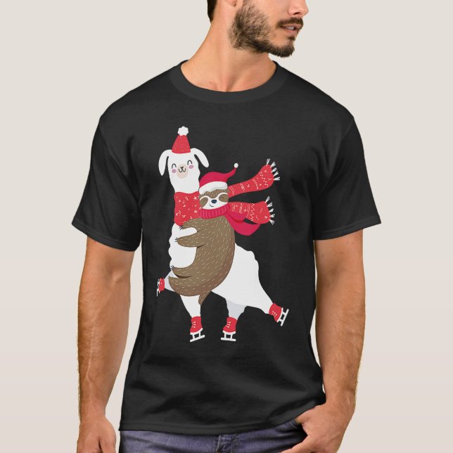 Camiseta Christmas Sloth Riding Llama Ice Skating Alpaca (Frente)