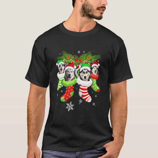 Camiseta Christmas Socks Pajama Siberian Husky Dog Puppy (Frente)