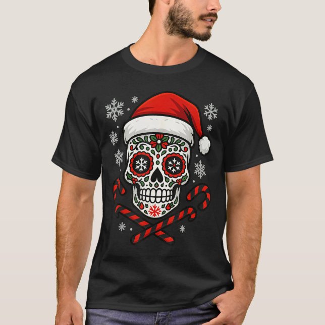 Camiseta Christmas Sugar Calavera Skull Santa Hat Candy Can (Frente)