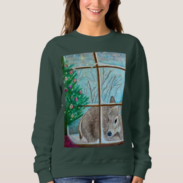 Camiseta Christmas sweatshirt: Deer looking through window (Frente)