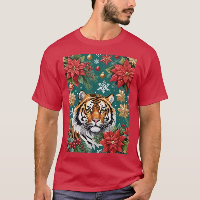 Camiseta Christmas Tiger With Poinsettias & Snowflakes (Frente)