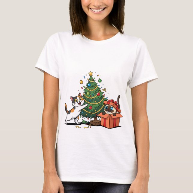 Camiseta Christmas Tree & Gift Surprise Cats  (Frente)