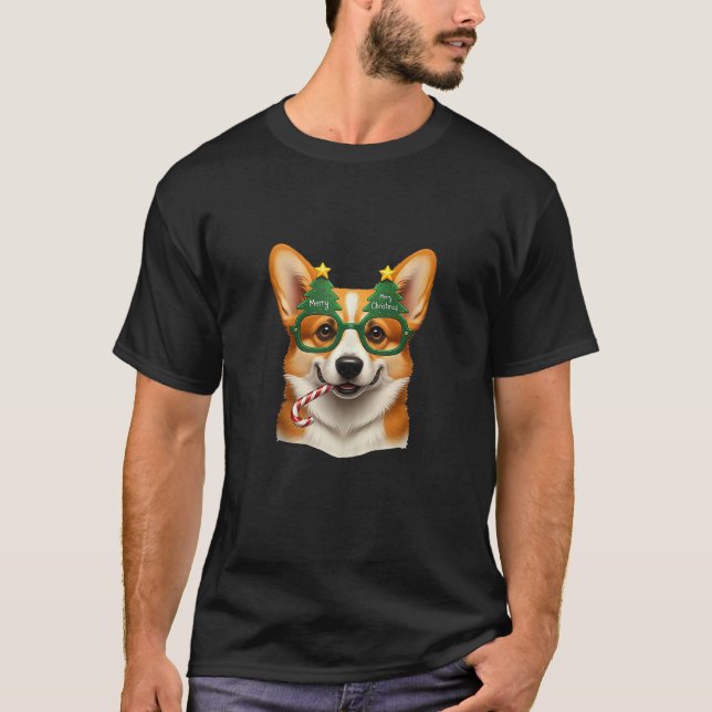 Camiseta Christmas Tree Sunglasses Corgi Candy Cane Mens Wo (Frente)