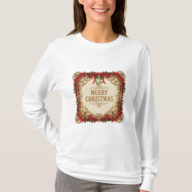 Camiseta Christmas Vintage Ornate Gold Frame (Frente)