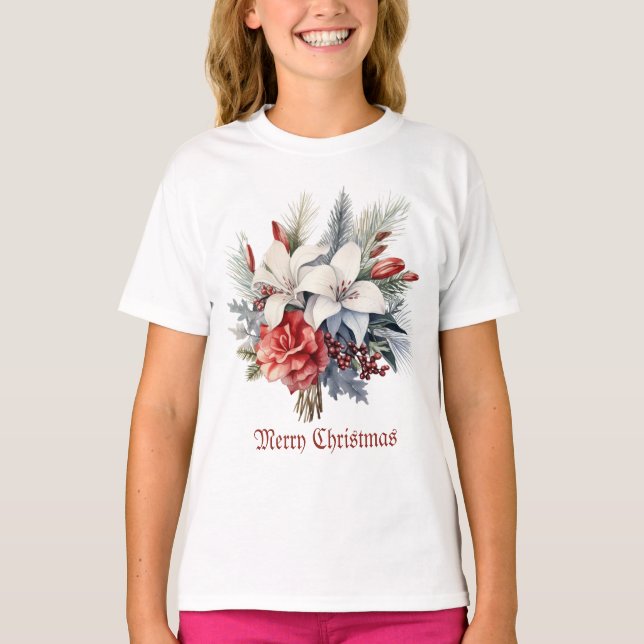 Camiseta Christmas White Red Flowers Holidays Elegant (Frente)