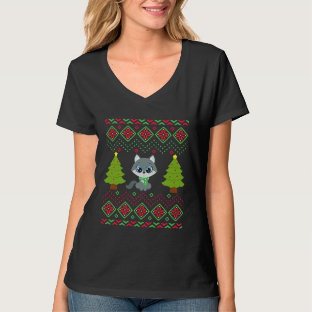 Camiseta Christmas Wolf  Classic Ugly Sweater Teen Girls Wo (Frente)