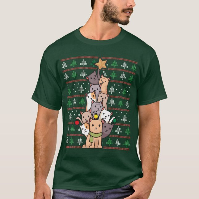 Camiseta Christmasree Cats Engraçado presente de Natal (Frente)