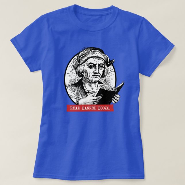 Camiseta Christopher Columbus lê livros proibidos (Frente do Design)