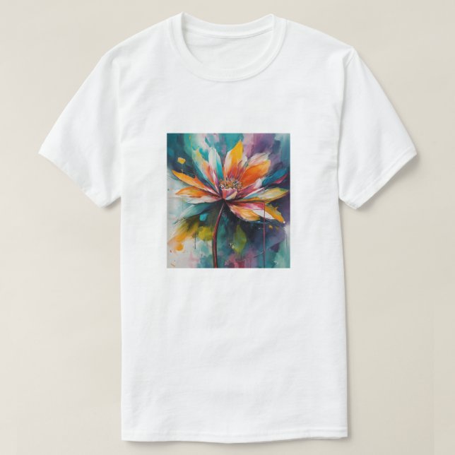 Camiseta "Chromatic Bloom: Abstrato Flower Art" (Frente do Design)