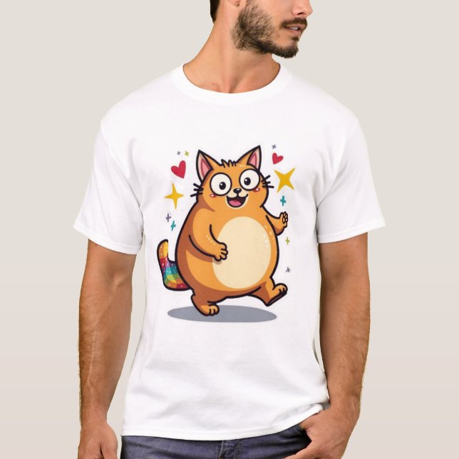 Camiseta Chubby Kawaii Orange Cat Rainbow Tail Sparkle (Frente)