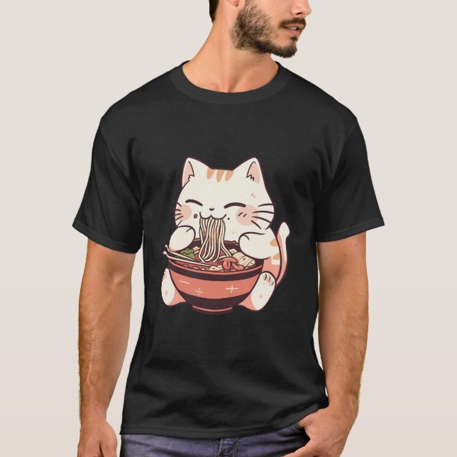 Camiseta Chubby Neko Anime Gato Comendo Ramen Cute (Frente)