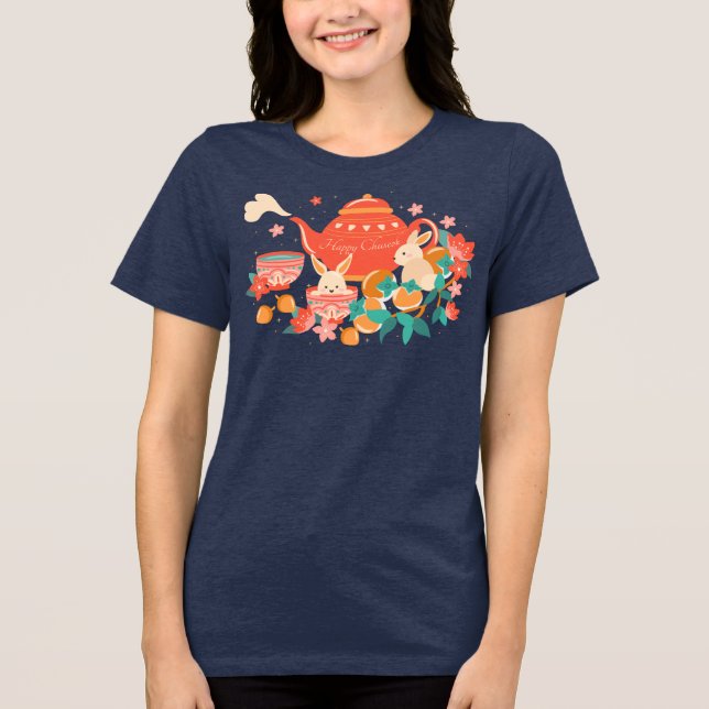 Camiseta Chuseok Festival do Meio Outono Bule e Coelhinhos (Frente)