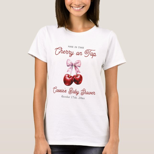 Camiseta Chuva de Cerejas Modernas com Laço Rosa para Chá d (Frente)