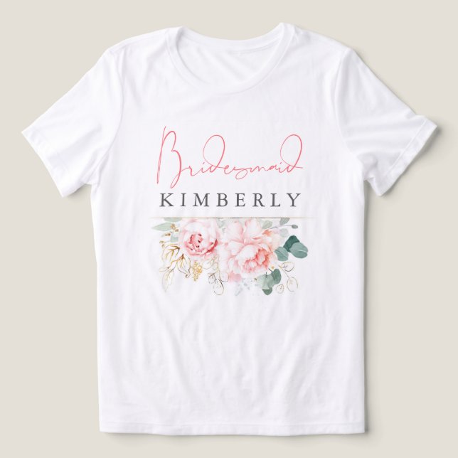 Camiseta Chuva de Noiva com Flores Rosas e Folhagens (Design frontal)