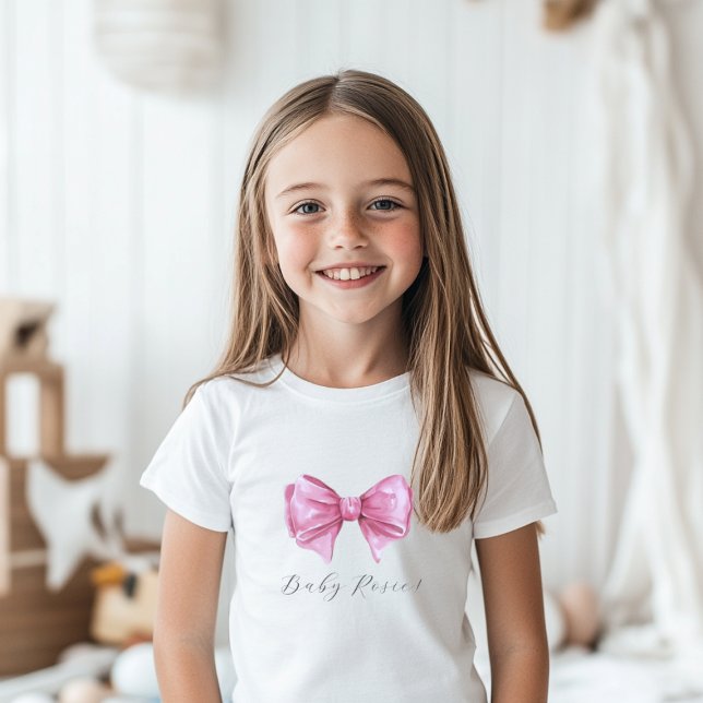 Camiseta Chuva de Rosa Feminina para Chá de Bebê (Girly Pink Watercolor Bow Baby Shower Baby T-Shirt)