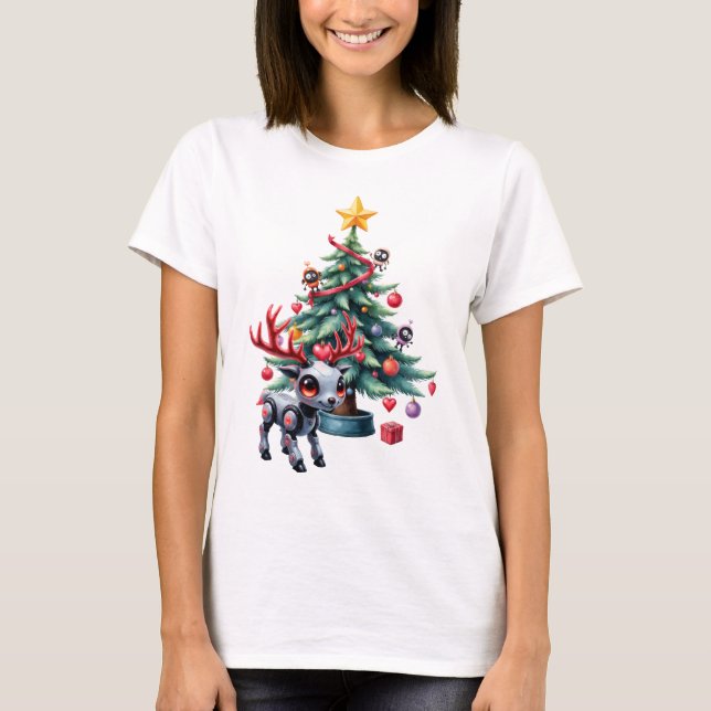 Camiseta Ciberpunk Reindeer bonito com Árvore de Natal (Frente)