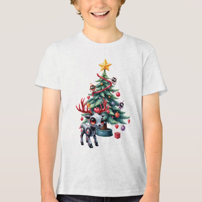 Camiseta Ciberpunk Reindeer bonito com Árvore de Natal (Frente)