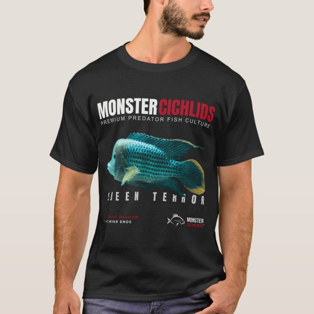 Camiseta Ciclídeos Monstros Peixe Predador Terror Verde  (Frente)