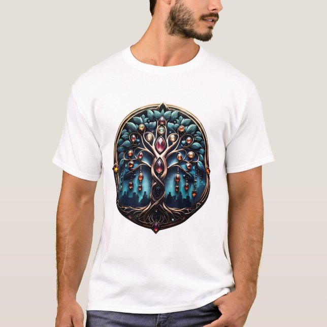 Camiseta Cidade à sombra da luxuosa árvore da vida. (Frente)