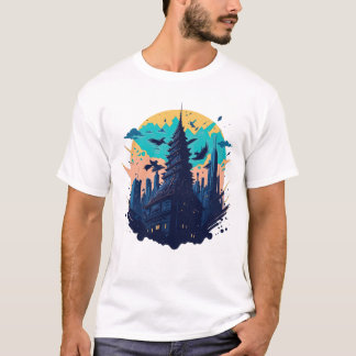 Camiseta Cidade colorida Cyberpunk no estilo Watercolor