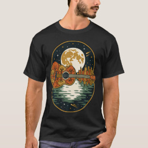 Camiseta Cidade da Guitarra Acústica Floresta Reflexo Luar