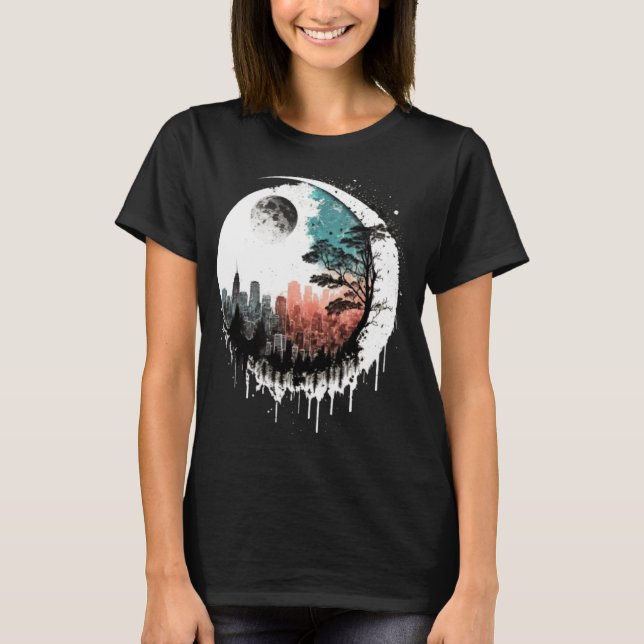 Camiseta Cidade Da Silhueta Da Lua À Noite Lua Crescente Es (Frente)