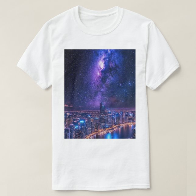 Camiseta Cidade das Estrelas: Linha do Céu Futurística sob  (Frente do Design)
