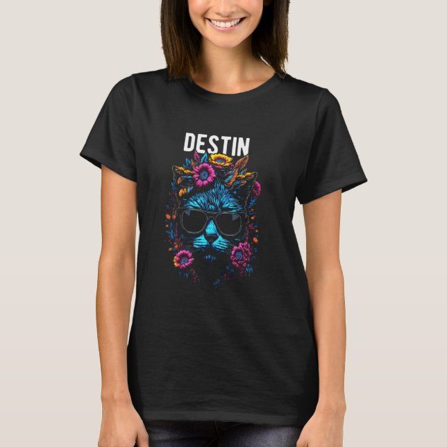 Camiseta Cidade de Gato de Destin Usando Óculos de Sol Flor (Frente)