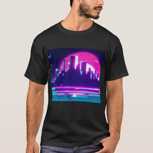 Camiseta Cidade de ondas sintetizadas ciano (Frente)
