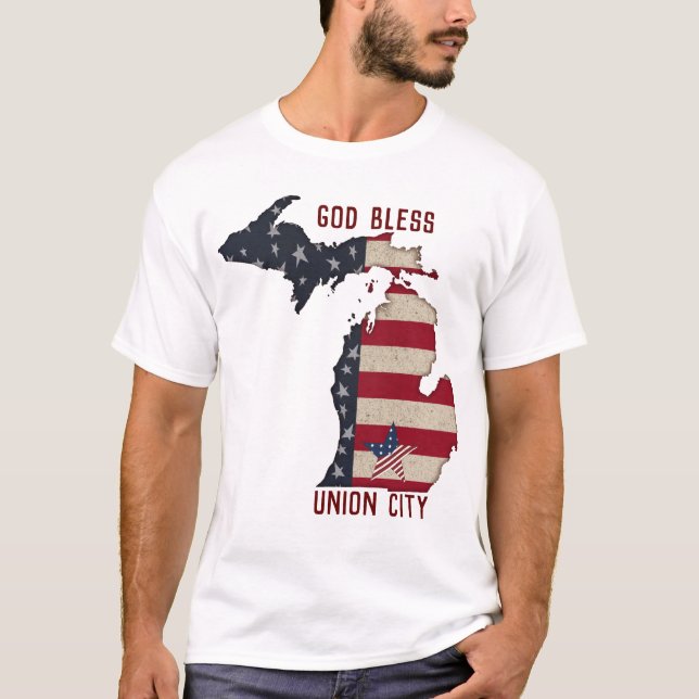Camiseta Cidade do deus abençoe Union Michigan | Patriótico (Frente)