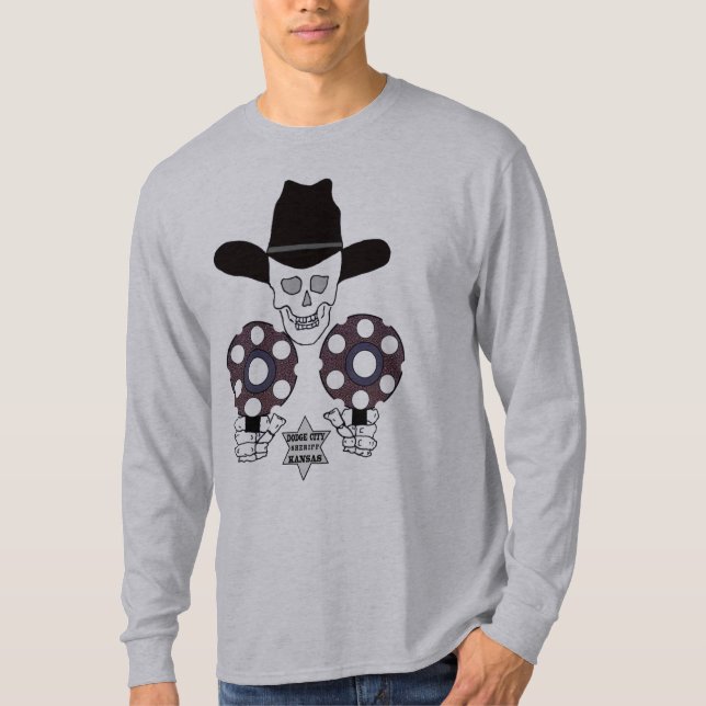 Camiseta cidade dobro de Dodge do crachá da arma do crânio, (Frente)