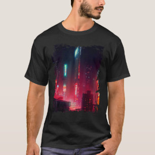 Camiseta Cidade Japonesa Vaporwave Paisagem Noturna de Tóqu