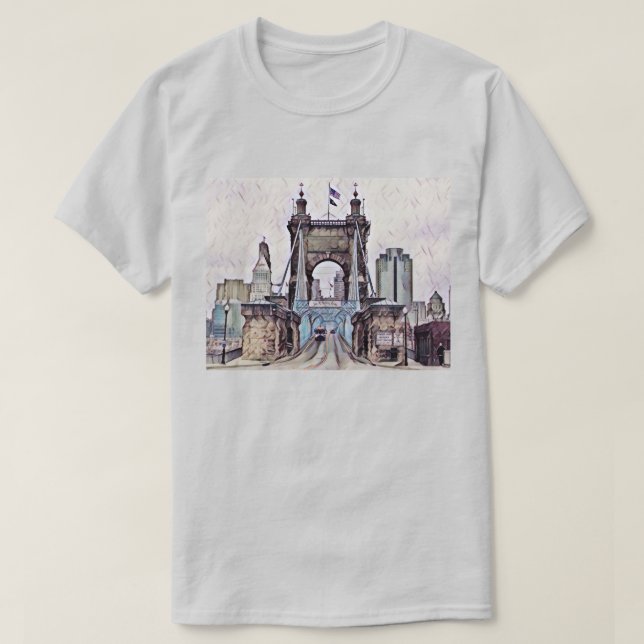Camiseta Cincinnati Roebling Suspensão Bridge Watercolor (Frente do Design)