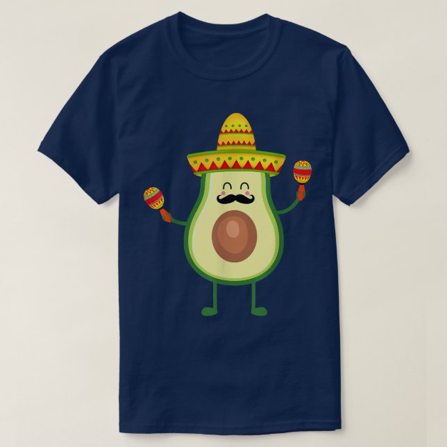 Camiseta Cinco de Mayo Avocado com bigode e sombrero engraç (Frente do Design)