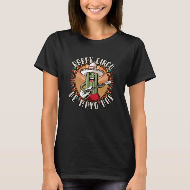Camiseta Cinco De Mayo Cacto Mexicano Engraçado Tocando Vio (Frente)