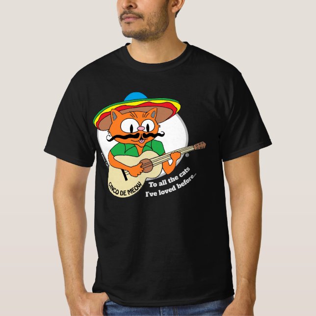 Camiseta Cinco de Mayo Cartoon Mustache Cat Engraçado (Frente)