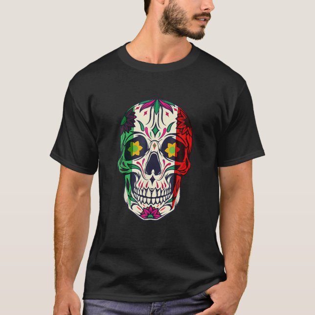 Camiseta Cinco De Mayo - Crânio De Açúcar Mexicano Bandeira (Frente)