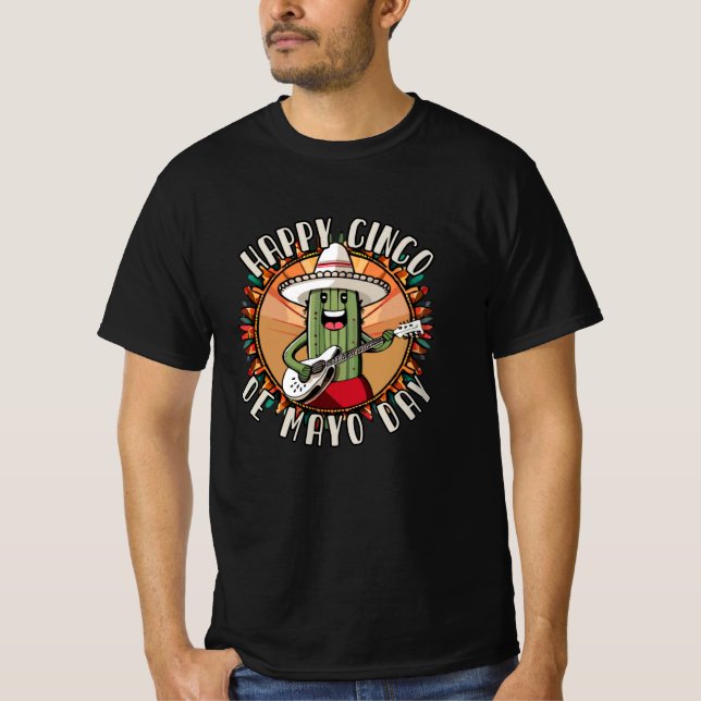Camiseta Cinco De Mayo Engraçado Mexicano Cactus Tocando Vi (Frente)