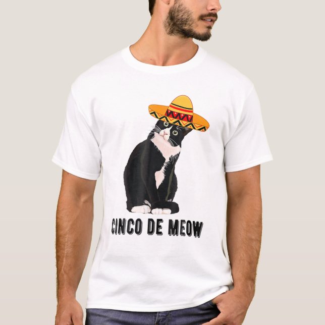 Camiseta Cinco De Mayo Meow Tuxedo Cat Sombrero Mexicano Fi (Frente)