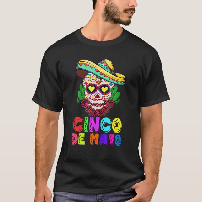 Camiseta Cinco De Mayo Mexican Cross Sunglasses Skull Musta (Frente)