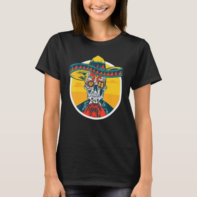 Camiseta Cinco De Mayo Sugar Skull Skeleton Com Tão Mexican (Frente)