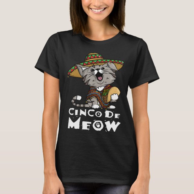 Camiseta Cinco De Meow com Smiling Cat Taco e Sombrero (Frente)