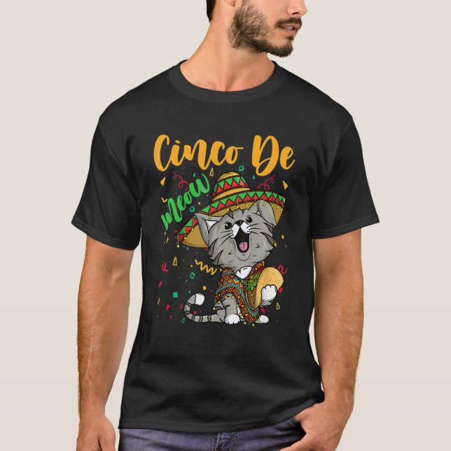 Camiseta Cinco De Meow Com Taco De Gato Sorridente E Sombre (Frente)