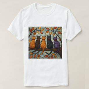 Camiseta Cinco Gatos em um Galho de Árvore Estilo Vidro Col