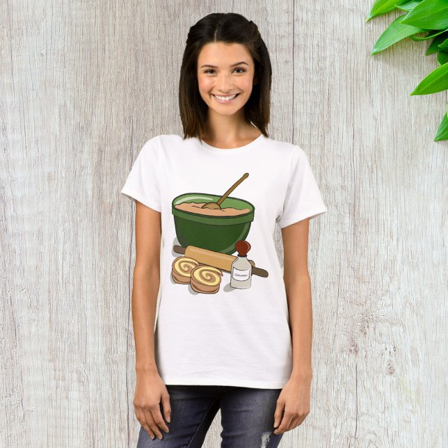 Camiseta Cinnamon Roll Baking Ingredientes Cozy Kitchen (Criador carregado)