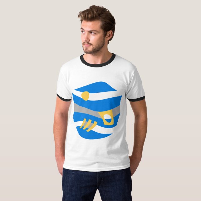 Camiseta Cinza Amarelo Azul Arca abstrato Noah (Frente Completa)