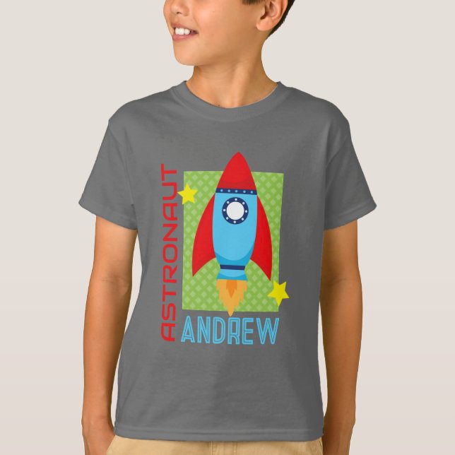 Camiseta Cinza Astronauta Nome Space Rocket Party Shirt (Frente)